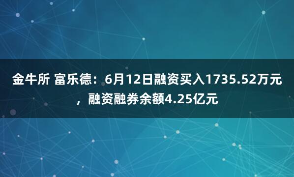 金牛所 富乐德：6月12日融资买入1735.52万元，融资融券余额4.25亿元